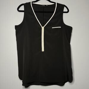 APT 9 L Blouse Sleeveless Round Hem Black White Lightweight Slit Gold Zip Office